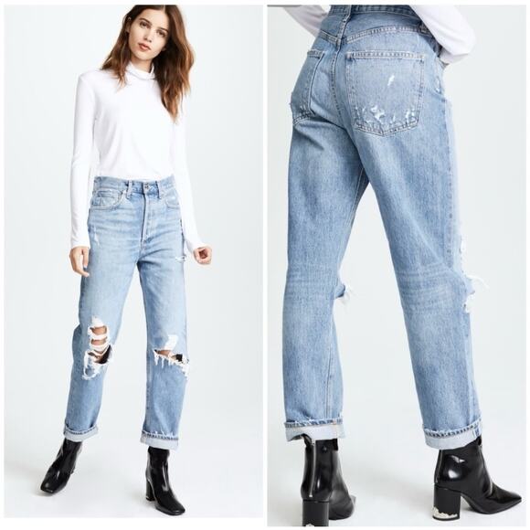 AGOLDE 90s Distressed Straight Leg Jeans Loose Fit Button Fly in Fall Out Blue